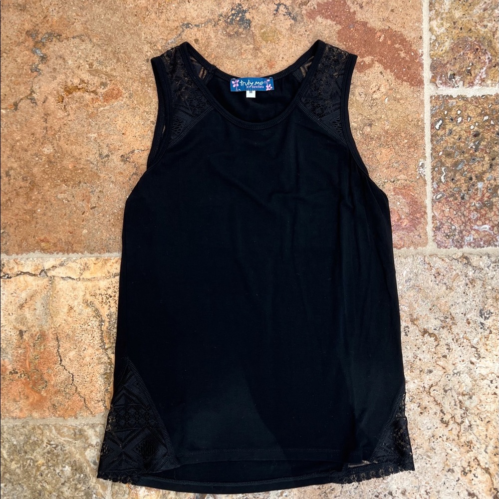 Truly Me by Sara Sara Top with crochet trim - black - girl’s size M (8-10)